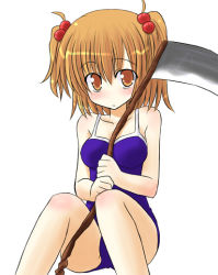 Rule 34 | 1girl, alternate eye color, alternate hair color, blue one-piece swimsuit, eyebrows, female focus, hair bobbles, hair ornament, kazami ruku, one-piece swimsuit, onozuka komachi, orange eyes, orange hair, scythe, short hair, short twintails, sitting, solo, swimsuit, touhou, twintails, two side up