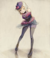 Rule 34 | 1girl, aoba moca, aqua eyes, arms behind back, bang dream!, black pantyhose, blue hat, collarbone, commentary request, corset, feathers, flower, full body, gold trim, grey background, grey hair, half-closed eyes, hat, hat feather, hat flower, highres, leaning forward, looking at viewer, overskirt, pantyhose, pantyhose under shorts, pink flower, rii (hakumaiiiiii), shoes, short hair, short shorts, shorts, smile, solo, standing, white feathers