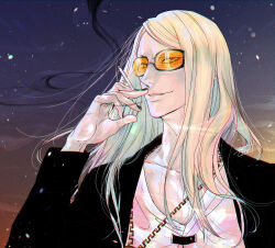 Rule 34 | 1boy, blonde hair, cigarette, fate/grand order, fate (series), hand up, jacket, long hair, looking at viewer, male focus, open clothes, open jacket, orange-tinted eyewear, pectoral cleavage, pectorals, shirt, smile, smoke, smoking, solo, sunglasses, t r t26, tezcatlipoca (fate), tinted eyewear, upper body, white shirt