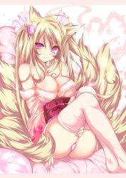 Rule 34 | 1girl, animal ears, bad id, bad pixiv id, bare shoulders, blonde hair, blush, breasts, fang, fingernails, fox ears, fox tail, hair ornament, heart, highres, japanese clothes, legs, letterboxed, long hair, looking at viewer, multiple tails, nail polish, obi, original, panties, pink eyes, pink panties, pink thighhighs, sash, shugami, sitting, solo, tail, thighhighs, underwear