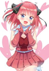 Rule 34 | 1girl, :d, belt, black ribbon, blue eyes, blunt bangs, blush, breasts, butterfly hair ornament, cleavage, eyebrows hidden by hair, gloves, go-toubun no hanayome, hair ornament, heart, large breasts, looking at viewer, microphone, music, nakano nino, open mouth, pink hair, raised eyebrows, red gloves, red shirt, red skirt, ribbon, scarf, shirt, simple background, singing, skirt, smile, sparkling eyes, thick thighs, thighs, twintails, white background, white belt, white scarf, yokoshima (euphoria)