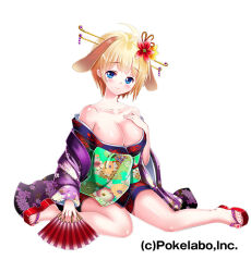 Rule 34 | 1girl, ahoge, animal ears, blonde hair, blue eyes, breasts, character request, cleavage, closed mouth, collarbone, commentary request, copyright notice, dog ears, flower, folding fan, full body, hair flower, hair ornament, hand fan, hand up, holding, holding fan, japanese clothes, kimono, kuzumochi (kuzumochiya), large breasts, looking at viewer, makai gakuen catastrophe, mole, mole on breast, nail polish, off shoulder, official art, platform footwear, purple kimono, red flower, red footwear, red nails, simple background, smile, solo, toenail polish, toenails, white background