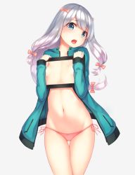 Rule 34 | 10s, 1girl, :o, aqua jacket, blue eyes, blush, bow, breasts, collarbone, commentary request, covering privates, cowboy shot, drawing tablet, eromanga sensei, gradient background, grey background, hair bow, head tilt, holding, izumi sagiri, jacket, long hair, long sleeves, low-tied long hair, munuu, navel, open clothes, open jacket, open mouth, panties, pink bow, pink hair, pink panties, pocket, raised eyebrows, side-tie panties, silver hair, simple background, small breasts, solo, standing, stomach, teardrop, tearing up, thigh gap, thighs, track jacket, underwear, very long hair
