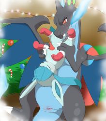 Rule 34 | absurdres, animal ears, beautyfromabove, charizard, christmas, creatures (company), cunnilingus, dragon, dragon girl, dragon horns, dragon tail, fox ears, fox girl, fox tail, furry, furry female, furry male, furry with furry, game freak, gen 1 pokemon, gen 4 pokemon, glaceon, highres, horns, mega charizard x, mega pokemon, nintendo, oral, pokemon, pokemon (creature), tail, tongue, tongue out