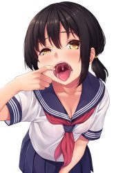 Rule 34 | 1girl, black hair, blue sailor collar, blue skirt, blush, bra, breasts, cleavage, collarbone, drooling, female focus, finger in own mouth, highres, leaning forward, looking at viewer, medium breasts, neckerchief, open mouth, oral invitation, original, pink bra, pleated skirt, sailor collar, saliva, school uniform, see-through, serafuku, shirt, short hair, short sleeves, simple background, skirt, solo, sweat, takoneru, teeth, tongue, tongue out, underwear, uvula, white background, white shirt, yellow eyes