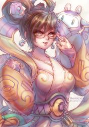 Rule 34 | :d, adjusting eyewear, animal ears, arm guards, artist name, breasts, brown hair, chang&#039;e mei, china dress, chinese clothes, collarbone, dress, earrings, eyelashes, floating, glasses, hair between eyes, hair ornament, hair rings, hairpin, highres, jewelry, long sleeves, looking at viewer, medium breasts, mei (overwatch), moon, open mouth, orange-framed eyewear, overwatch, overwatch 1, rabbit ears, red lips, robot, sash, shield, simple background, smile, snowball (overwatch), upper body, watermark, web address, white background, wide sleeves, xelalanana