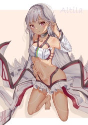 Rule 34 | 10s, 1girl, altera (fate), arm up, armpits, bad id, bad pixiv id, bandeau, bare shoulders, barefoot, beige background, bikini, black bikini, blunt bangs, blush, breasts, character name, choker, closed mouth, collarbone, dark-skinned female, dark skin, detached sleeves, elleco (bcf159), fate/extella, fate/extra, fate/grand order, fate (series), frilled skirt, frills, full-body tattoo, full body, grey hair, groin, hand in own hair, hand on own hip, headpiece, highres, layered skirt, long sleeves, looking at viewer, mismatched bikini, navel, on one knee, red eyes, revealing clothes, shade, short hair, showgirl skirt, simple background, skirt, small breasts, solo, swimsuit, tattoo, veil, white background, white bikini, white hair, white skirt