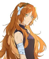 Rule 34 | 1girl, aojiru oisiiiii, bandaged arm, bandages, black shirt, bow, breasts, brown hairband, freckles, green eyes, hair bow, hairband, highres, ishmael (project moon), limbus company, looking to the side, medium breasts, orange hair, project moon, rope, shirt, simple background, sleeveless, sleeveless shirt, solo, white background, white bow