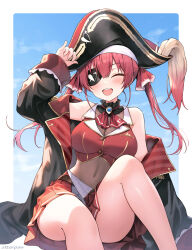Rule 34 | 1girl, arm support, arm up, arrow through heart, artist name, ascot, bare shoulders, bicorne, black choker, black coat, black hat, blue sky, blush, border, breasts, brooch, choker, cleavage, closed eyes, coat, commentary, cropped jacket, dot nose, eyepatch, facing viewer, feet out of frame, frilled choker, frills, gold trim, hat, highres, hololive, houshou marine, houshou marine (1st costume), jacket, jewelry, knee up, lapel pin, lapels, large breasts, leotard, leotard under clothes, long hair, long sleeves, miniskirt, off shoulder, open mouth, otter paw (otter696969), outside border, pirate hat, pleated skirt, plume, red ascot, red hair, red jacket, red skirt, see-through, see-through cleavage, see-through leotard, sitting, skirt, sky, sleeveless, sleeveless jacket, smile, solo, teeth, twintails, upper teeth only, virtual youtuber, white border