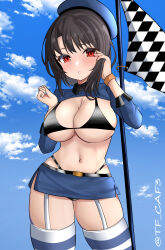 Rule 34 | 1girl, absurdres, alternate costume, bikini, black bikini, black hair, blue headwear, blue sky, blush, breasts, checkered flag, cleavage, cloud, cloudy sky, commentary request, flag, garter straps, highres, kantai collection, large breasts, long sleeves, medium hair, microskirt, navel, outdoors, parted lips, race queen, red eyes, skirt, sky, solo, striped clothes, striped thighhighs, swimsuit, takao (kancolle), tf cafe, thighhighs, twitter username