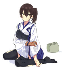 Rule 34 | 10s, 1girl, brown eyes, brown hair, gloves, hair between eyes, highres, japanese clothes, kaga (kancolle), kantai collection, muneate, no shoes, partially fingerless gloves, partly fingerless gloves, short hair, side ponytail, single glove, sitting, solo, tasuki, thighhighs, torn clothes, torn thighhighs, tyaka, wet, wet clothes, white background, yomosaka, yugake