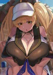 Rule 34 | 1boy, 1girl, absurdres, black gloves, blonde hair, breast lift, breasts, choker, commentary, cum, cum on body, cum on breasts, cum on upper body, elbow gloves, facominn, gloves, granblue fantasy, hands on own breasts, hat, highres, huge breasts, implied paizuri, looking at viewer, monika weisswind, official alternate costume, open mouth, pov, rock, shingeki no bahamut, twintails, visor cap, white headwear, yellow eyes