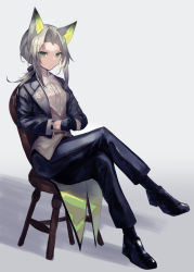 Rule 34 | 1girl, animal ears, arknights, black footwear, black gloves, black jacket, bow, bowtie, cat ears, chair, commentary request, dress shirt, dress shoes, formal, gloves, green eyes, green hair, grey background, jacket, kal&#039;tsit (arknights), long hair, looking at viewer, official alternate costume, open clothes, open jacket, sasa onigiri, shadow, shirt, sidelocks, simple background, sitting, solo, tuxedo, white bow, white bowtie, white shirt