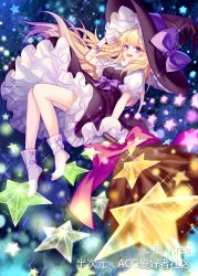Rule 34 | 1girl, :d, artist name, black dress, black hat, blonde hair, bow, braid, breasts, broom, commentary, dress, fang, full body, hair bow, hand on headwear, hand up, hat, hat bow, highres, kirisame marisa, long hair, looking at viewer, mirror (xilu4), no shoes, open mouth, petticoat, pink bow, puffy short sleeves, puffy sleeves, purple bow, purple eyes, shirt, short sleeves, single braid, sitting, small breasts, smile, socks, solo, sparkle, star (symbol), touhou, translation request, very long hair, white shirt, white socks, witch hat