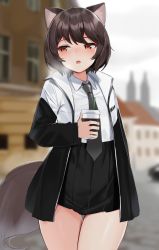 Rule 34 | 1girl, absurdres, animal ear fluff, animal ears, arm behind back, bad id, bad pixiv id, black jacket, black necktie, black skirt, blurry, blurry background, breath, brown eyes, brown hair, collared shirt, cowboy shot, cup, depth of field, drinking straw, highres, holding, holding cup, house, jacket, looking to the side, miniskirt, multicolored clothes, multicolored jacket, necktie, original, outdoors, pleated skirt, shengtian, shirt, shirt tucked in, short hair, skirt, solo, standing, tail, thigh gap, two-tone jacket, white jacket, white shirt