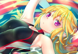 Rule 34 | 1girl, black one-piece swimsuit, blonde hair, competition swimsuit, covered navel, cowboy shot, highleg, highleg swimsuit, long hair, looking at viewer, mitake eil, one-piece swimsuit, original, partially submerged, purple eyes, solo, swimsuit, twitter username, water