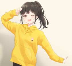 Rule 34 | 1girl, ;d, animification, arm up, black hair, blush, brown eyes, character print, commentary, date pun, dated commentary, drawstring, gradient background, high ponytail, highres, hinoshita kaho, hood, hoodie, link! like! love live!, lone nape hair, love live!, medium hair, nirei nozomi, number pun, one eye closed, open mouth, outstretched hand, real life, salute, shadow, sidelocks, smile, solo, teeth, tied drawstring, upper body, upper teeth only, voice actor, white background, yellow hoodie, yutuki ame