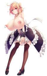 Rule 34 | 1girl, absurdres, ahoge, bell, black footwear, blonde hair, bloom, blush, bow, breasts, breasts out, brown thighhighs, captive bead ring, cleavage, closed mouth, collar, covered erect nipples, covering privates, covering crotch, dress, female focus, frills, full body, garter straps, hair bow, hair ribbon, high heels, highres, huge breasts, legs, long legs, mac (pixiv31869137), maid, maid headdress, nail polish, neck bell, nipple piercing, nipple rings, nipples, no bra, original, perky breasts, piercing, pigeon-toed, ponytail, puffy nipples, red eyes, ribbon, shiny skin, short hair, simple background, skirt, smile, solo, standing, thighhighs, topless, user krrd2585, v arms, white background, white nails, yellow bow