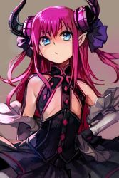 Rule 34 | 10s, 1girl, bare shoulders, black dress, black gloves, blue eyes, closed mouth, detached sleeves, dress, elizabeth bathory (fate), elizabeth bathory (fate/extra ccc), elizabeth bathory (first ascension) (fate), fate/extra, fate/extra ccc, fate/grand order, fate (series), flat chest, gloves, grey background, hand on own hip, horn ornament, horns, hungry clicker, long hair, looking at viewer, pink hair, pointy ears, simple background, solo, upper body