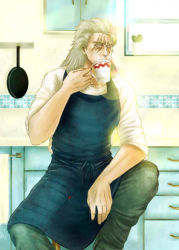 Rule 34 | 1boy, apron, ceramics, chair, cup, denim, drinking, frying pan, hokuto no ken, kitchen, lens flare, long hair, male focus, ninnko, no pupils, plant, scar, scar across eye, scar on face, shu (hokuto no ken), silver hair, sitting, sleeves rolled up, solo, sunlight, table