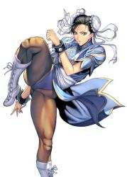 Rule 34 | 1girl, black hair, boots, bracelet, bun cover, cameltoe, capcom, china dress, chinese clothes, chun-li, crotch, double bun, dress, earrings, female focus, fighting stance, hair bun, homare (fool&#039;s art), jewelry, knee boots, leg lift, legs, lipstick, makeup, muscular, open mouth, pantyhose, pelvic curtain, short hair, simple background, solo, spiked bracelet, spikes, standing, standing on one leg, street fighter, thick thighs, thighs, white background, yellow eyes