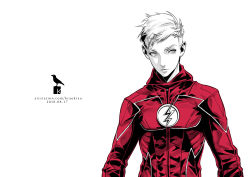 Rule 34 | 1boy, absurdres, animification, artist logo, bodysuit, commission, dated, dc comics, expressionless, highres, krau, looking to the side, medibang paint (medium), red bodysuit, solo, spot color, superhero costume, the flash, the flash (series), undercut, upper body, watermark, web address, white background