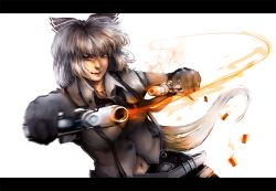 Rule 34 | 1girl, action, belt, dress shirt, female focus, fire, foreshortening, fujiwara no mokou, gun, letterboxed, lips, long hair, navel, outstretched arm, red eyes, sheryth, shirt, simple background, smile, solo, suspenders, touhou, weapon, white background, white shirt