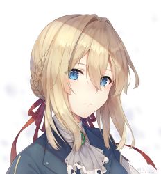 Rule 34 | 10s, 1girl, ayuanlv, blonde hair, blue eyes, blue jacket, braid, braided bun, brooch, close-up, dress, hair between eyes, hair bun, hair intakes, hair ribbon, highres, jacket, jewelry, long sleeves, looking at viewer, portrait, red ribbon, ribbon, solo, violet evergarden, violet evergarden (series)