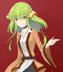 Rule 34 | 1girl, alternate costume, breasts, c.c., chiem, code geass, collarbone, green hair, highres, jacket, looking at viewer, medium breasts, shirt, simple background, solo, upper body, white shirt, yellow eyes