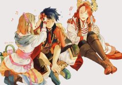 Rule 34 | 1boy, 2girls, basket, bead necklace, beads, blue hair, boots, brother and sister, brown hair, cape, closed mouth, closed eyes, fire emblem, fire emblem: path of radiance, fire emblem heroes, flower, from side, grey background, hair flower, hair ornament, head wreath, high heel boots, high heels, ho kiho, holding, holding staff, ike (fire emblem), jewelry, crossed legs, long hair, long sleeves, mist (fire emblem), multiple girls, musical note, necklace, nintendo, open mouth, pink ribbon, red hair, ribbon, short hair, short sleeves, siblings, simple background, sitting, staff, titania (fire emblem), twitter username