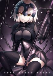 Rule 34 | 1girl, armor, black thighhighs, blonde hair, breasts, bu li, fate/grand order, fate (series), gauntlets, headpiece, jeanne d&#039;arc (fate), jeanne d&#039;arc alter (avenger) (fate), jeanne d&#039;arc alter (fate), looking at viewer, medium breasts, ruler (fate/grand order), short hair, sitting, smile, solo, sword, thighhighs, weapon, yellow eyes