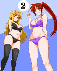 Rule 34 | 2girls, arm behind back, bare arms, bare legs, black bra, black panties, black thighhighs, blonde hair, bra, breasts, cleavage, closed mouth, engo (aquawatery), fate testarossa, from below, highres, index finger raised, large breasts, long hair, looking at viewer, looking down, lyrical nanoha, mahou shoujo lyrical nanoha strikers, multiple girls, navel, panties, purple bra, purple eyes, purple panties, red eyes, red hair, shiny skin, side ponytail, sketch, skindentation, speech bubble, straight hair, takamachi nanoha, thighhighs, underwear, underwear only, very long hair