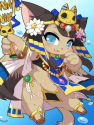 Rule 34 | 1girl, artist request, bastet (cat busters), blue eyes, brown hair, cat, cat busters, flower, furry, furry female, hair flower, hair ornament, highres, open mouth, solo