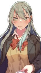 Rule 34 | 1girl, aqua hair, blazer, blurry, blurry foreground, blush, breasts, brown jacket, closed mouth, collared shirt, commentary request, ear blush, eyes visible through hair, hair between eyes, hair ornament, hairclip, highres, jacket, kantai collection, long hair, long sleeves, looking at viewer, medium breasts, red neckwear, school uniform, shirt, simple background, solo, suzuya (kancolle), tanaka io (craftstudio), twitter username, white background