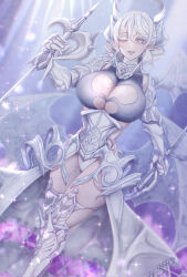 Rule 34 | 1girl, absurdres, armor, artist request, breasts, cleavage, clothing cutout, demon girl, demon wings, earrings, female focus, grey eyes, grey hair, highres, holding, holding sword, holding weapon, huge breasts, jewelry, lady labrynth of the silver castle, leotard, lovely labrynth of the silver castle, low wings, one eye closed, pointy ears, sword, tagme, transparent wings, weapon, white leotard, wings, wink, yu-gi-oh!