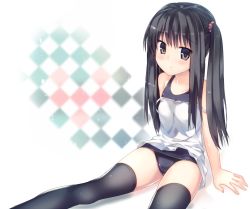 Rule 34 | 1girl, argyle, argyle background, argyle clothes, black hair, black one-piece swimsuit, black thighhighs, blue vert, camisole, grey eyes, long hair, looking at viewer, one-piece swimsuit, original, solo, strap slip, swimsuit, thighhighs, twintails
