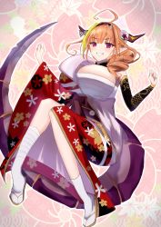 Rule 34 | 1girl, absurdres, ahoge, bandaged leg, bandages, black hairband, blonde hair, blunt bangs, bow, bowtie, breasts, commentary request, detached collar, detached sleeves, dragon girl, dragon horns, dragon tail, drill hair, floral background, floral print, flower, full body, hair flower, hair ornament, hair over shoulder, hairband, highres, hololive, horn bow, horn flower, horn ornament, horns, japanese clothes, kimono, kiryu coco, kiryu coco (new year), large breasts, long sleeves, long tail, multicolored eyes, multicolored hair, off shoulder, official alternate costume, orange hair, pointy ears, purple eyes, red eyes, red kimono, sandals, sarashi, scales, side drill, side ponytail, skindentation, smile, socks, solo, sora shitatoge, streaked hair, striped, striped bow, tabi, tail, virtual youtuber, w arms, yukata