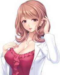 Rule 34 | 1girl, adjusting hair, blush, breasts, brown eyes, brown hair, cleavage, closed mouth, erocas! ~papakatsu gyaru no wana~, eyebrows hidden by hair, female focus, game cg, hand on own chest, hand up, jewelry, lab coat, large breasts, light blush, light smile, looking at viewer, medium hair, necklace, original, saitou machiko (erocas), simple background, solo, tachi-e, transparent background, upper body, yoshino keiko
