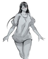 Rule 34 | 1girl, breasts, closed mouth, collarbone, glasses, grey background, greyscale, highres, kamishiro rize, large breasts, long hair, monochrome, shirt, short sleeves, simple background, smile, solo, tokyo ghoul, yourfreakyneighbourh