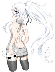 Rule 34 | 1girl, back, backless outfit, black ribbon, black skirt, black thighhighs, blue eyes, butt crack, closed mouth, commentary, cropped legs, expressionless, from behind, garter straps, grey sweater, hair ornament, hair ribbon, hair up, highres, holding, holding skull, kooh (rikuhito), long hair, looking at viewer, looking back, miniskirt, original, ponytail, ribbed sweater, ribbon, rikuhito, sidelocks, simple background, skirt, skull, sleeveless, sleeveless turtleneck, solo, standing, sweater, thighhighs, turtleneck, turtleneck sweater, very long hair, white background, white hair, wind