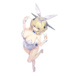 Rule 34 | 1girl, animal ears, armpits, arms up, ass, bare legs, blonde hair, blue bow, blue bowtie, blue eyes, bow, bowtie, breasts, cleavage, colorado (kancolle), commentary request, commission, cowboy shot, detached collar, double v, headgear, kantai collection, kiyama satoshi, large breasts, leotard, looking at viewer, playboy bunny, rabbit ears, rabbit tail, short hair, side-tie leotard, simple background, skeb commission, smile, solo, standing, strapless, strapless leotard, tail, upper body, v, white background, white footwear, white leotard, wrist cuffs
