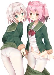Rule 34 | 2girls, :d, :o, bad id, bad nicoseiga id, black hair, blonde hair, blush, brown eyes, chestnut mouth, clothes lift, clothes pull, colored tips, female focus, fur trim, green eyes, green jacket, green skirt, highres, jacket, kantai collection, kunashiri (kancolle), long sleeves, looking at viewer, masayo (gin no ame), multicolored hair, multiple girls, no panties, open mouth, panties, panties under pantyhose, pantyhose, pantyhose pull, pink hair, pleated skirt, pulled by self, red ribbon, ribbon, shimushu (kancolle), short hair, simple background, skirt, unworn skirt, smile, thighband pantyhose, two side up, underwear, white background, white legwear