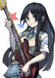 Rule 34 | 1girl, absurdres, akiyama mio, black eyes, black hair, blouse, blue necktie, blue skirt, blunt bangs, blunt ends, bolo tie, breasts, closed mouth, collared shirt, commentary, cowboy shot, dress shirt, electric guitar, guitar, hand up, highres, holding, holding instrument, instrument, k-on!, kayaya (kiryuushi), light smile, long hair, looking at viewer, medium breasts, necktie, pleated skirt, sakuragaoka high school uniform, school uniform, shirt, short sleeves, sidelocks, simple background, skirt, solo, standing, star (symbol), straight hair, very long hair, vest, white background, white shirt, yellow vest