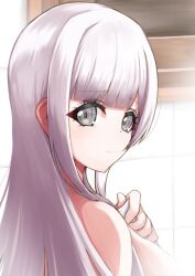 Rule 34 | 1girl, arm at side, blunt bangs, breasts, closed mouth, commentary request, d4dj, from side, grey eyes, grey hair, hand on own chest, hand up, highres, hiraken, holding, holding towel, indoors, izumo saki, light smile, long hair, looking at viewer, looking to the side, medium breasts, nude, out-of-frame censoring, portrait, raised eyebrows, sidelocks, solo, steam, tile wall, tiles, towel