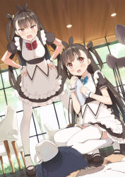 Rule 34 | 1boy, 2girls, :o, angry, black bow, blue bow, blush, bow, brown hair, ceiling, chair, coffee mug, cup, hair bow, hands on own hips, highres, holding, holding tray, leaning forward, long hair, looking at viewer, lying, maid, mug, multiple girls, on stomach, original, pantyhose, pink eyes, red bow, short sleeves, squatting, sweatdrop, thighhighs, tray, tsubure manjuu, very long hair, white legwear, window, wrist cuffs