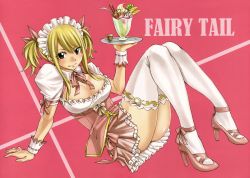 Rule 34 | 1girl, absurdres, alternate costume, arm support, blonde hair, blush, bow, breasts, brown eyes, cleavage, copyright name, enmaided, fairy tail, food, frills, fruit, full body, high heels, highres, ice cream, large breasts, lucy heartfilia, maid, mashima hiro, official art, pink background, pink footwear, pink theme, pumps, ribbon, scan, shoes, sitting, smile, solo, strawberry, sundae, tattoo, thighhighs, tray, white thighhighs, wrist cuffs