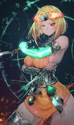 Rule 34 | 1girl, absurdres, ancient greek clothes, asymmetrical arms, black sclera, blonde hair, blush, bone, breasts, closed mouth, colored sclera, commentary, dark background, dress, glowing arm, greco-roman clothes, green eyes, green lips, hades (series), hades 2, heterochromia, highres, holding sickle, laurel crown, looking at viewer, medium breasts, melinoe (hades), mismatched sclera, orange dress, red eyes, see-through body, shiny skin, short hair, sickle, sideboob, skeletal arm, skindentation, sleeveless, solo, sparkle, thick thighs, thighs, ura illust, weapon