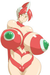 Rule 34 | 1girl, bare shoulders, blush, bodysuit, breasts, curvy, covered erect nipples, gigantic breasts, hip focus, mother of ultra, nipples, personification, plump, red hair, sasaki tatsuya, solo, ultraman, wide hips, yellow eyes
