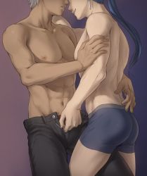 Rule 34 | 2boys, abs, archer (fate), ass, black pants, blue hair, collarbone, commentary request, cowboy shot, cu chulainn (fate), dark skin, dark-skinned male, earrings, fate/stay night, fate (series), from side, grey hair, head out of frame, highres, jewelry, cu chulainn (fate/stay night), long hair, male focus, male underwear, mondi hl, multiple boys, muscular, navel, nipples, open pants, pants, pectorals, ponytail, topless male, short hair, toned, underwear, unzipping, yaoi