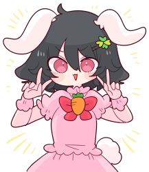 Rule 34 | 1girl, animal ears, black hair, carrot necklace, dress, floppy ears, frilled sleeves, frills, highres, inaba tewi, jewelry, necklace, op na yarou, pink dress, puffy short sleeves, puffy sleeves, rabbit ears, rabbit tail, red eyes, ribbon-trimmed dress, short hair, short sleeves, simple background, smile, solo, tail, touhou, v, wavy hair, white background, wrist cuffs